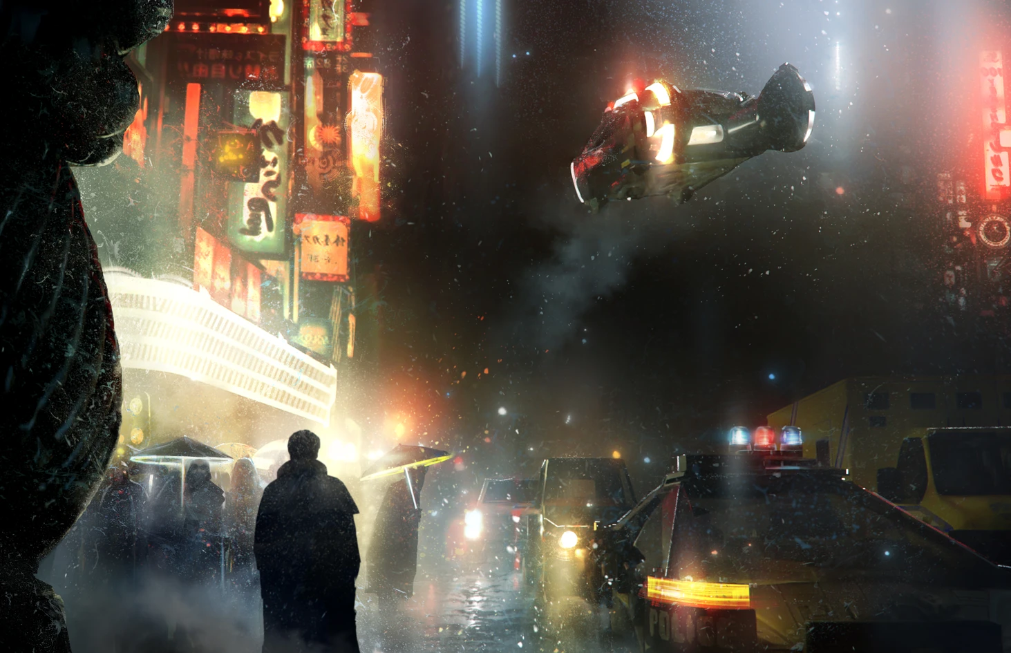 A busy city street in the Los Angeles from Blade Runner